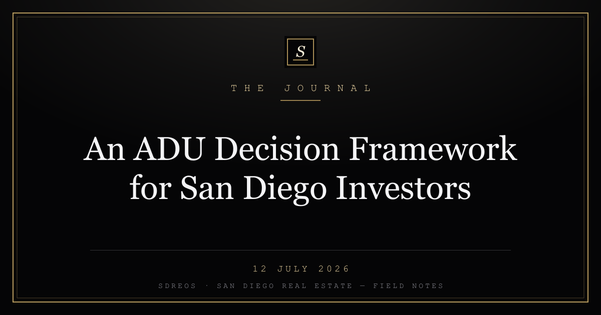 SDREOS branded cover card for an ADU decision framework