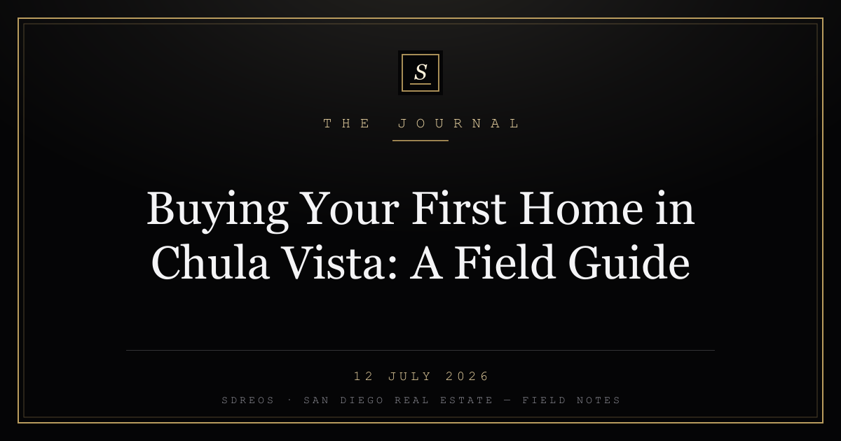 Branded SDREOS cover card for the Chula Vista first-time buyer guide