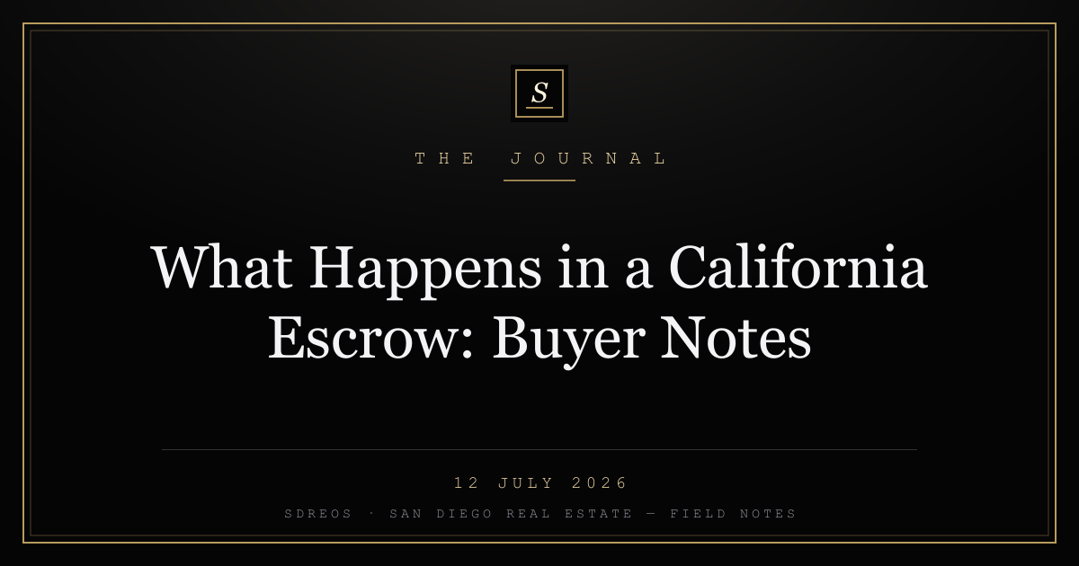 SDREOS Journal cover card — California escrow buyer notes, gold lettering on ink