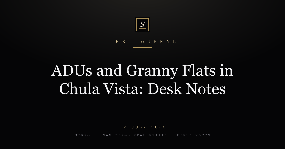 Branded SDREOS cover card on ADU and granny flat potential in Chula Vista