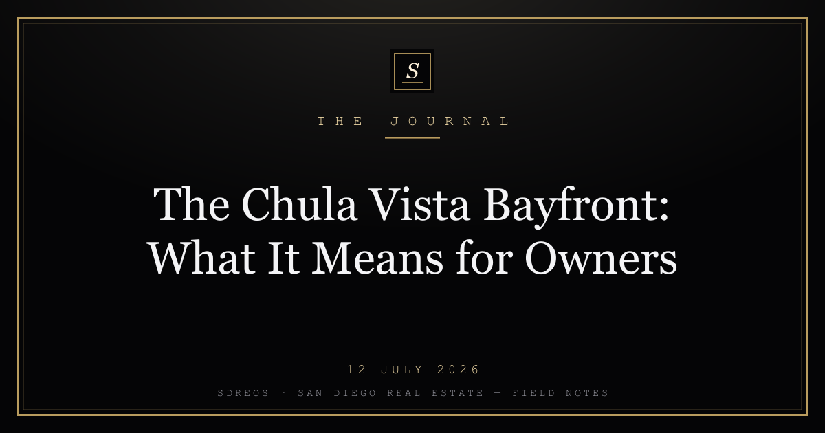 Branded SDREOS cover card on the emerging Chula Vista bayfront district