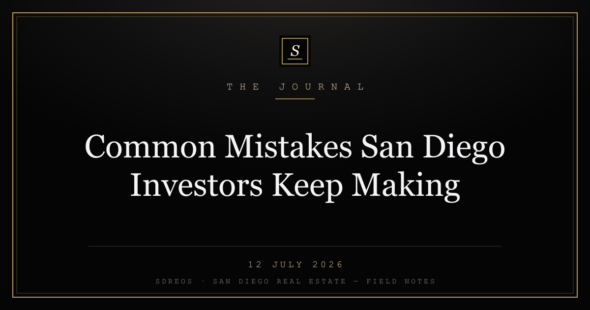 SDREOS branded cover card on recurring San Diego investor mistakes