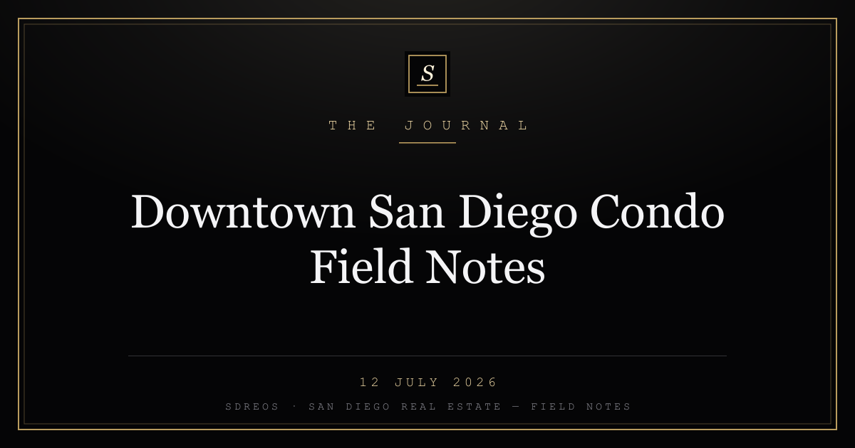 SDREOS Journal cover card — Downtown San Diego condo field notes, gold skyline on ink
