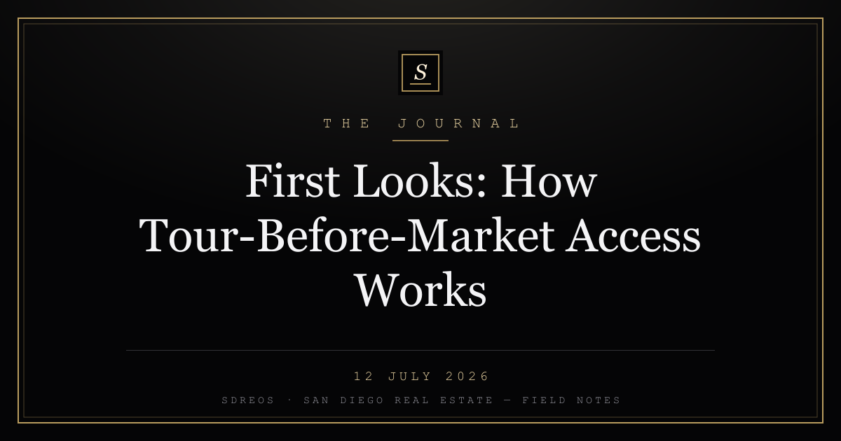 SDREOS Journal cover card — first looks and tour-before-market access, gold on ink