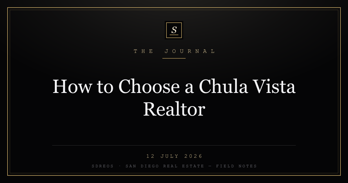 Branded SDREOS cover card on choosing a Chula Vista real estate agent
