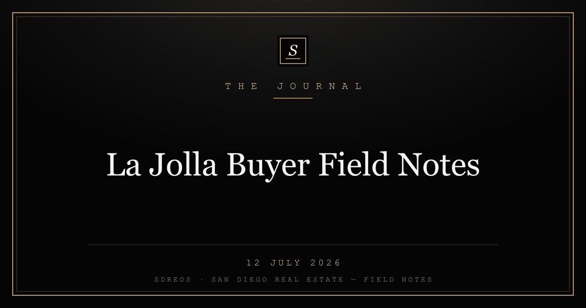 SDREOS Journal cover card — La Jolla buyer field notes, gold lettering on ink