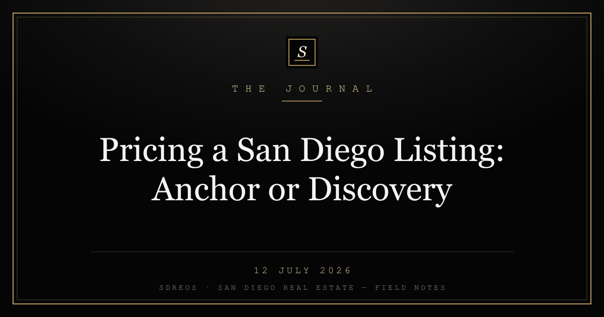 SDREOS Journal cover card — pricing a San Diego listing, gold lettering on ink