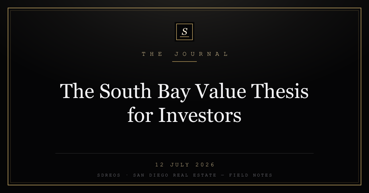 Branded SDREOS cover card on the South Bay value thesis for investors