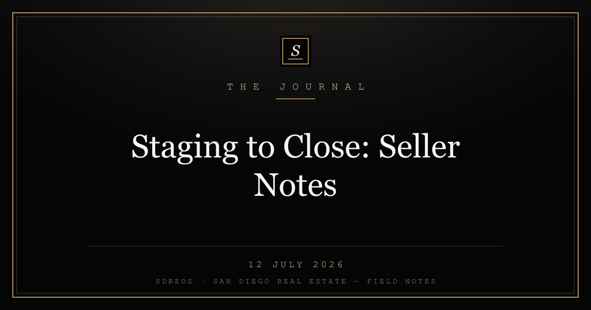 SDREOS Journal cover card — staging to close seller notes, gold lettering on ink