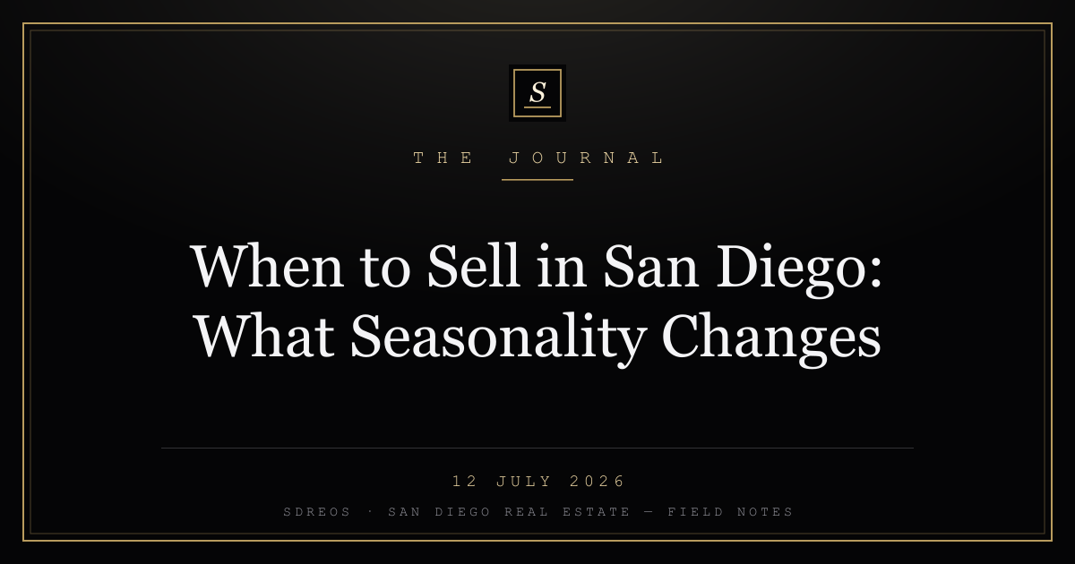 SDREOS Journal cover card — San Diego selling seasonality, gold lettering on ink